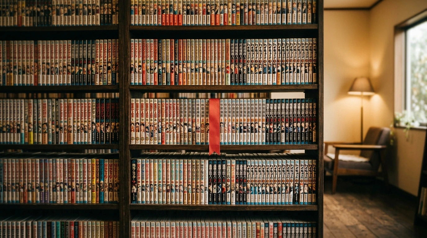 Scaffali pieni di manga in una fumetteria