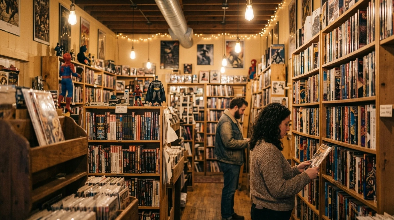Interno di una fumetteria con scaffali di fumetti