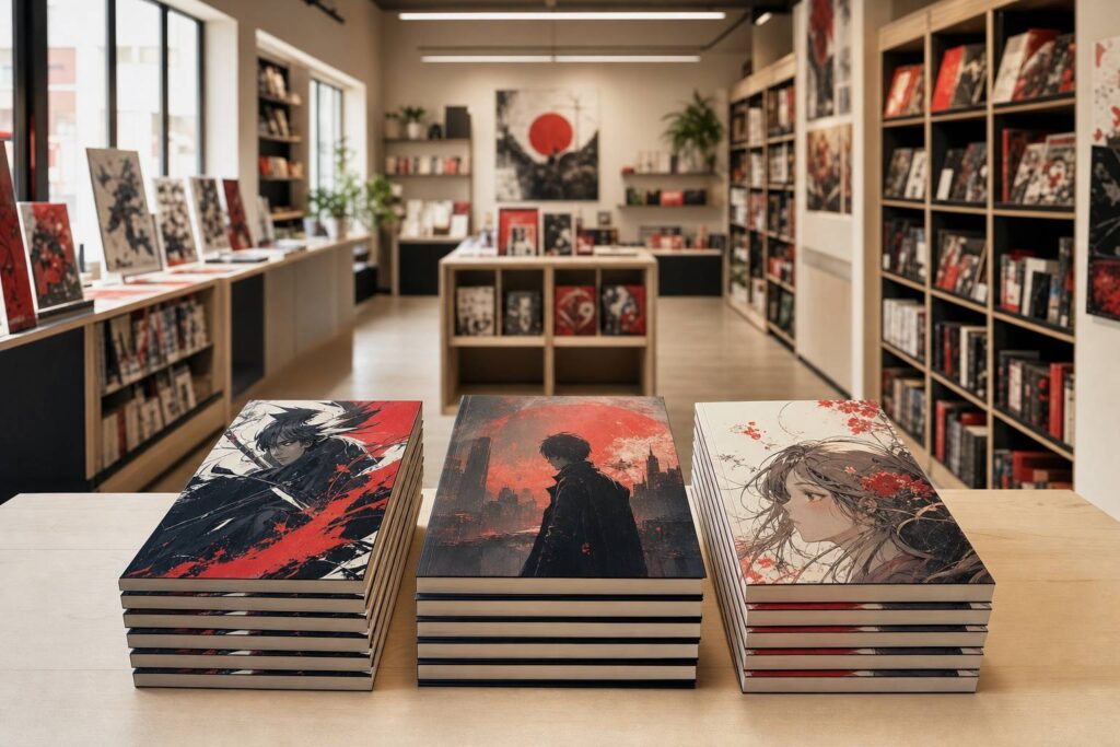 Prima edizione di manga aperta su un presentorio in libreria