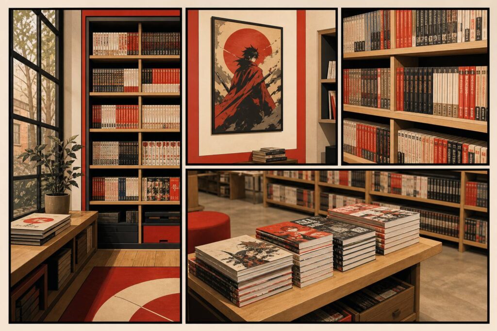 Intérieur de fumetteria avec rayonnages de mangas colorés