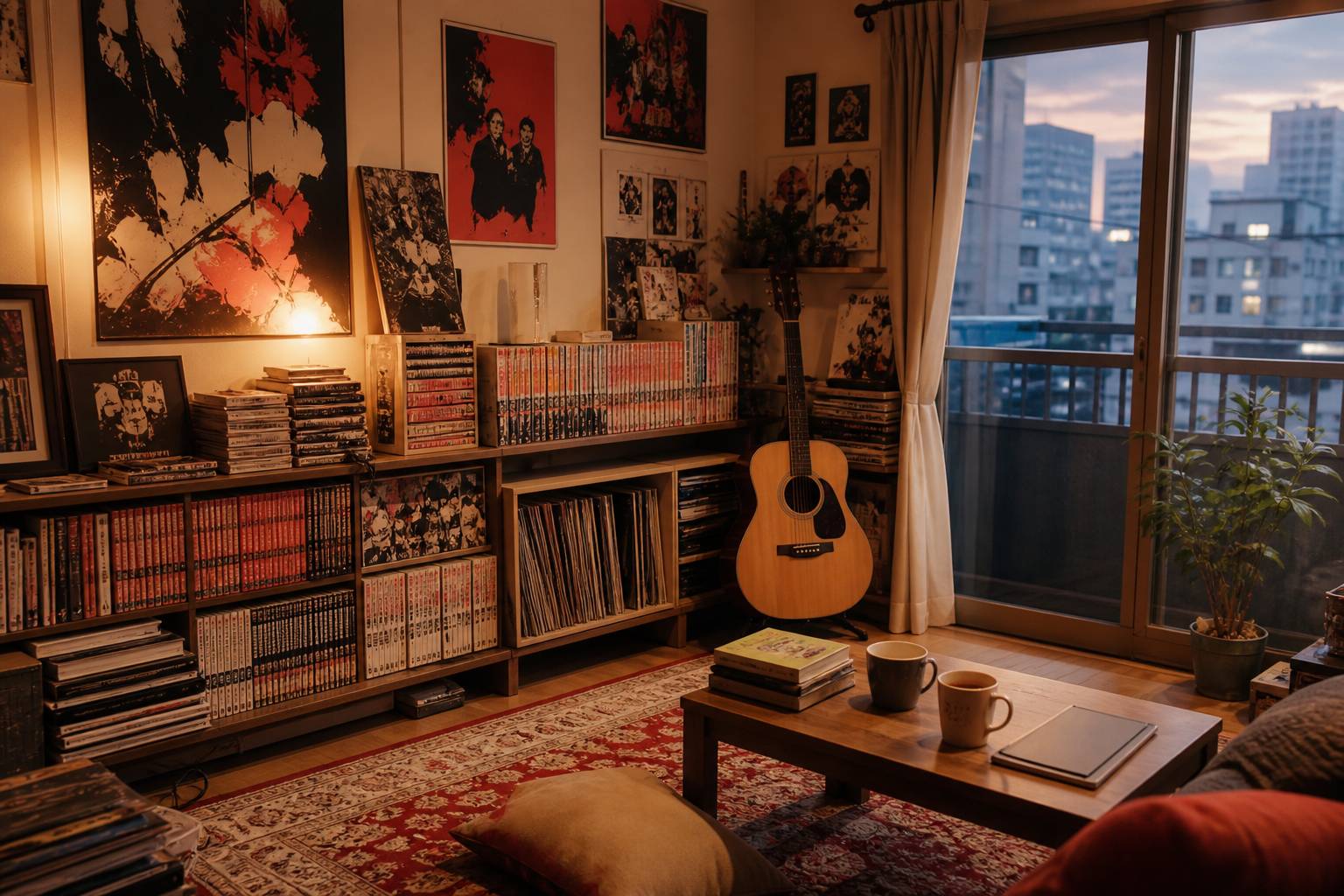 Intérieur tokyoïte cosy avec guitare, vinyles et carnets de croquis