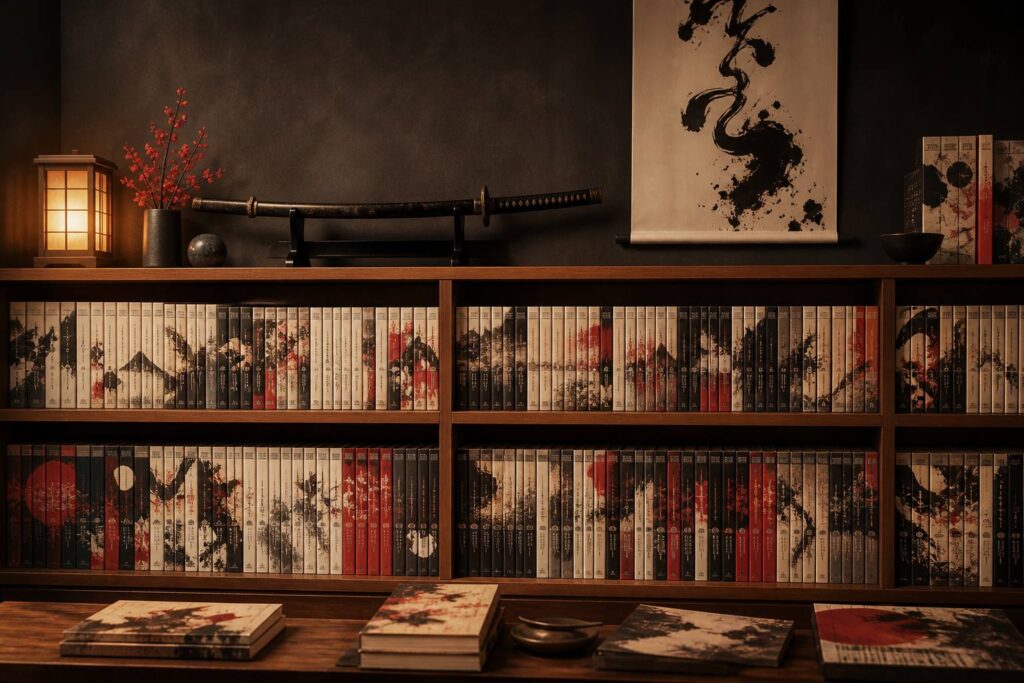 Bibliothèque de bande dessinée japonaise avec volumes de manga, katana ancien et calligraphie à l'encre