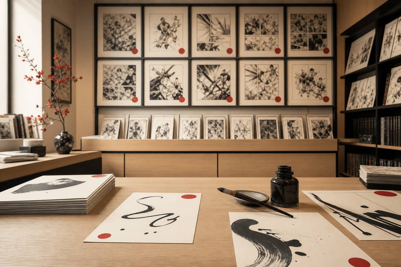 Pinceau de calligraphie, encrier et cartes de prénoms japonais sur un bureau en bois clair
