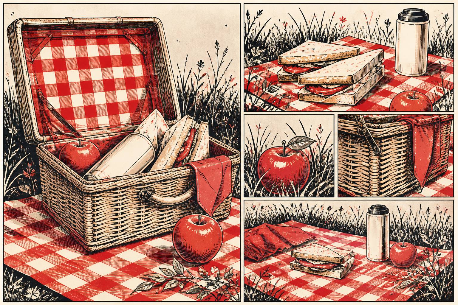 Panier de pique-nique avec sandwichs sur une nappe à carreaux