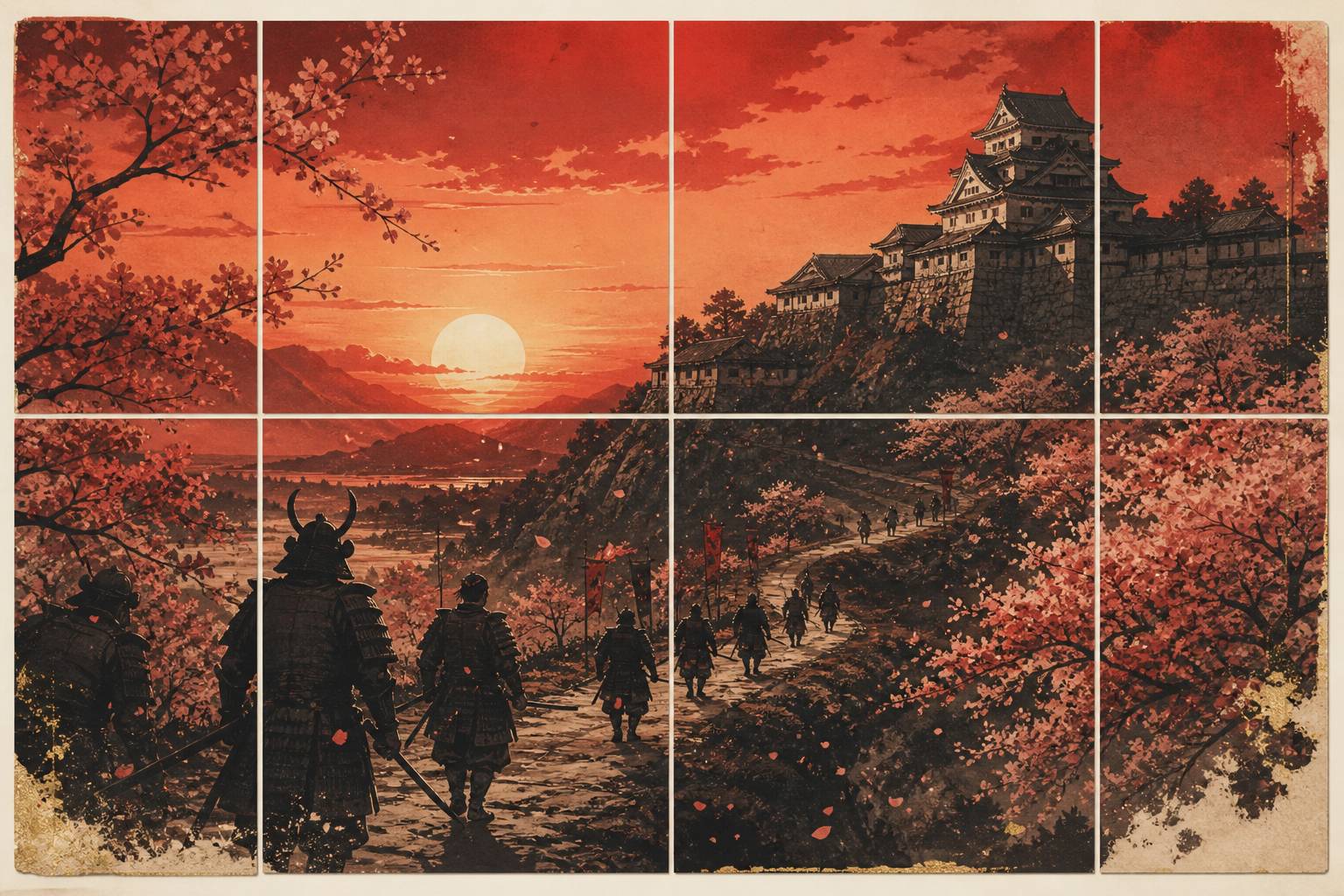Château japonais au coucher du soleil avec guerriers en silhouette