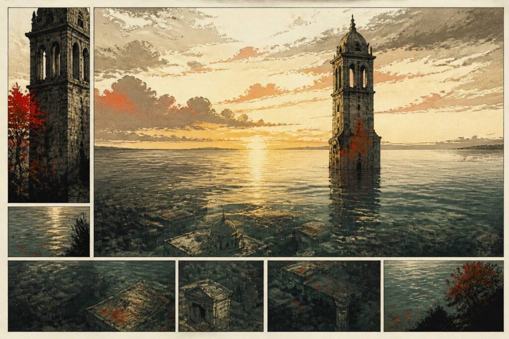 Città sommersa con una torre che emerge dall'acqua