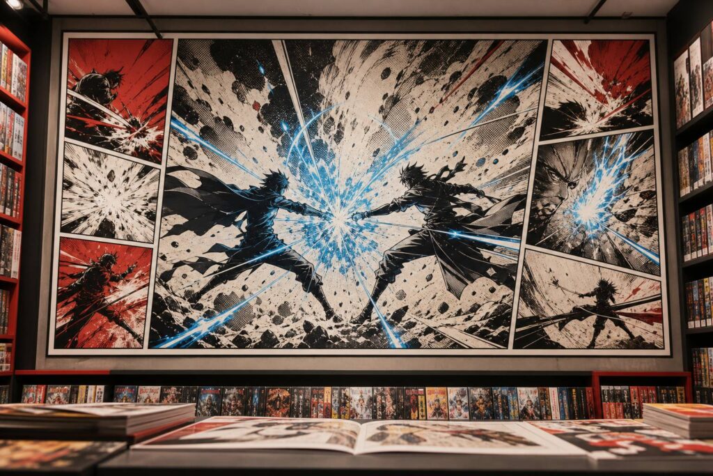 Deux silhouettes de guerriers stylisés dans une aura d'énergie, style manga à l'encre