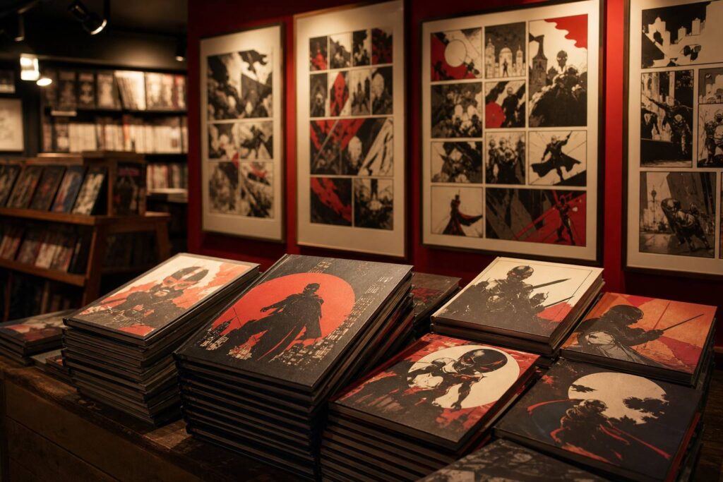 Pile de comics à couverture sombre posée sur une table de fumetteria