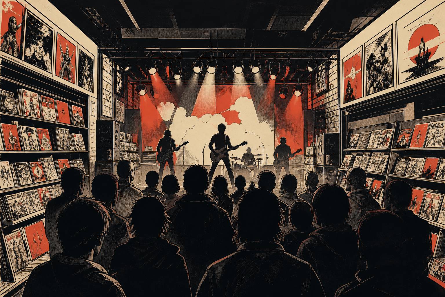 Scène de concert animé stylisée avec lumières et silhouettes génériques
