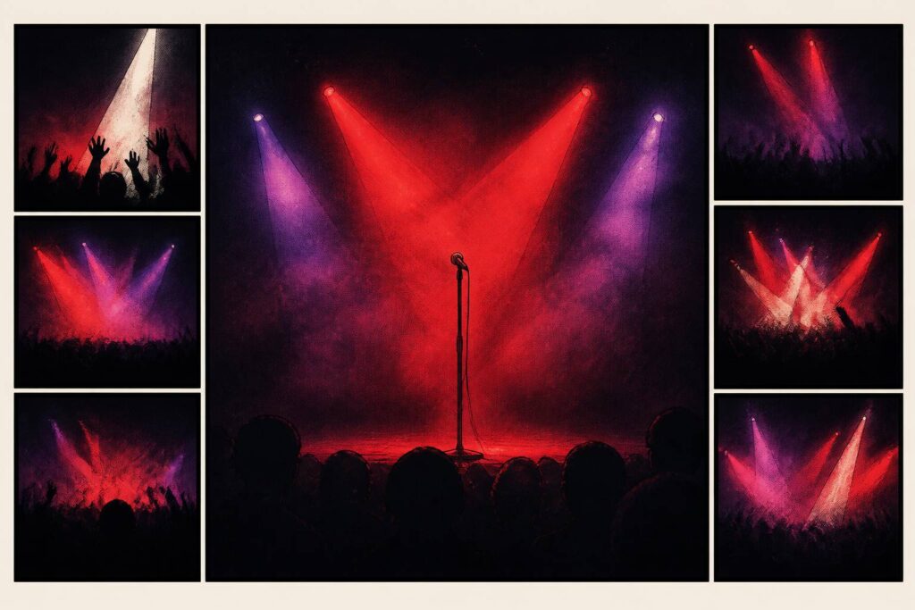 Palco da concerto con microfono al centro e fasci di luce rossa e viola