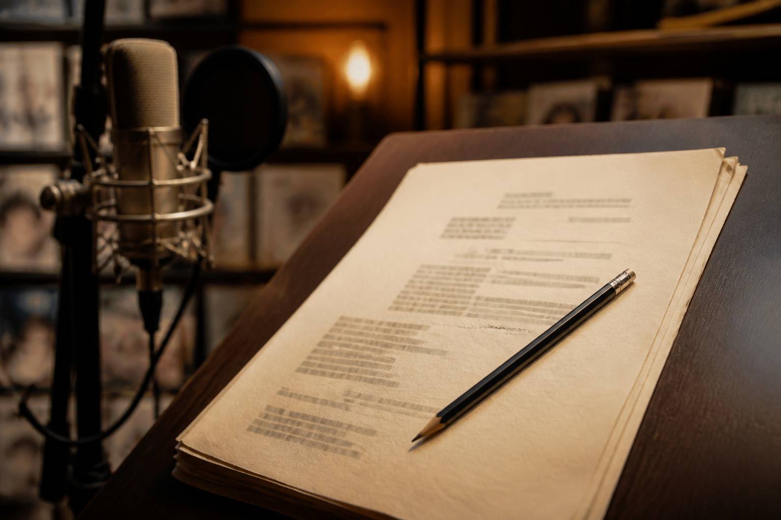 Feuilles de script de doublage sur un lutrin avec un crayon