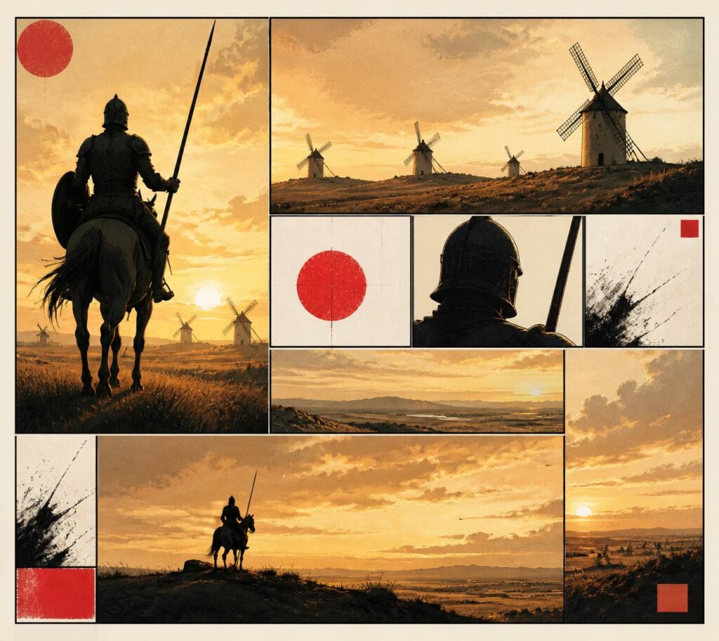 Silhouette d'un cavalier avec une lance devant des moulins à vent
