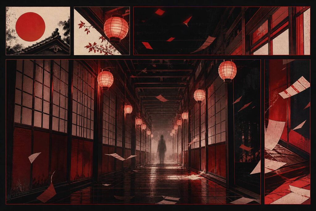 Couloir d'école japonaise au crépuscule avec lanternes et silhouette floue