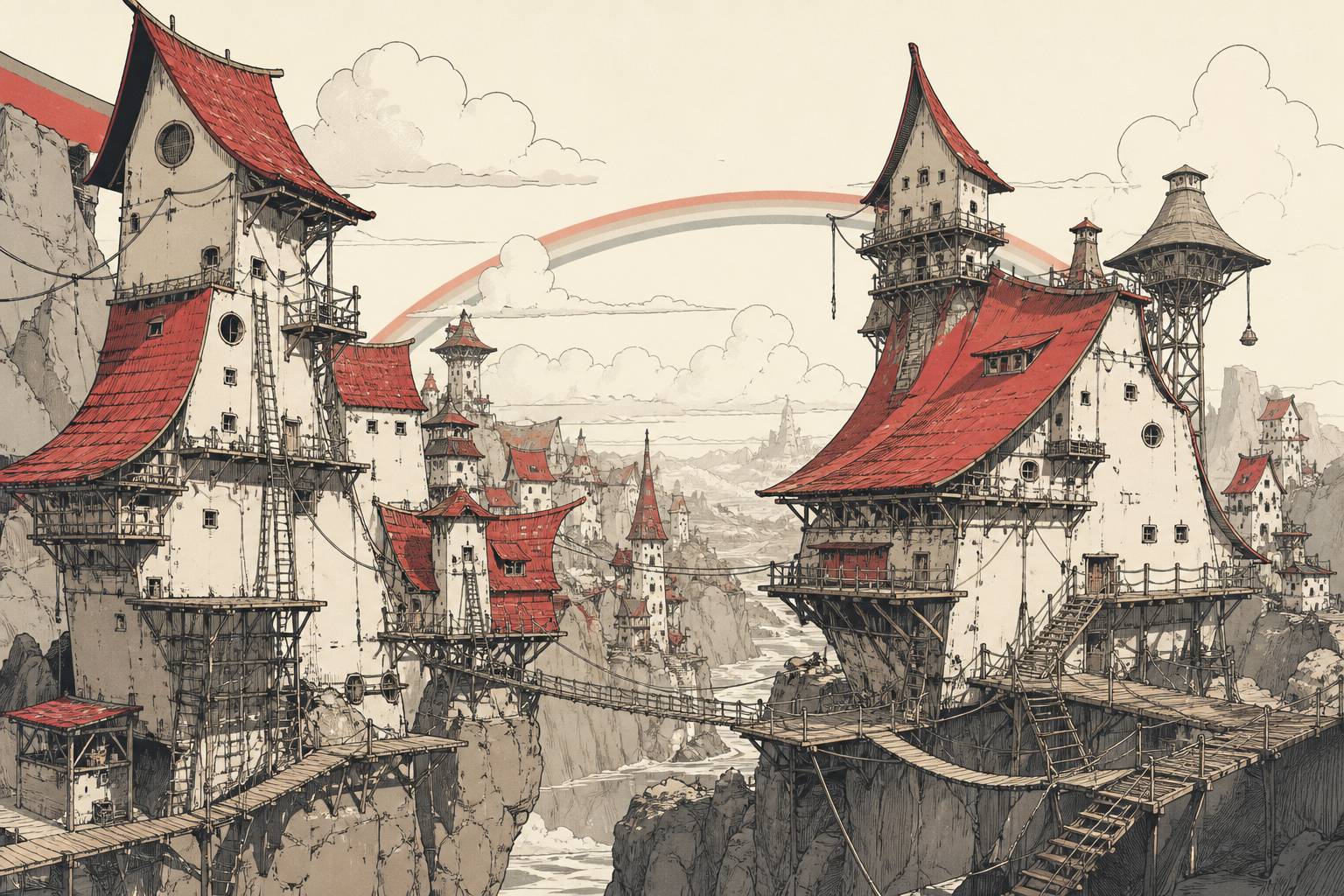 Village de maisons géantes avec des échelles et des cordes, un arc-en-ciel au loin