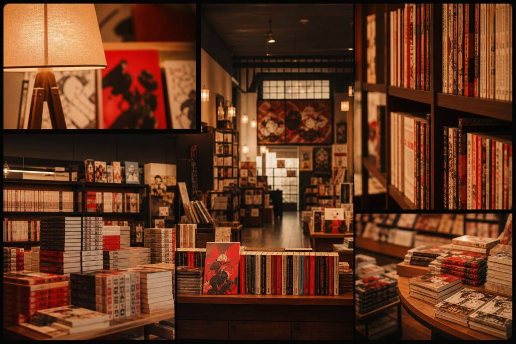 Intérieur de fumetteria avec présentoirs en bois garnis de mangas