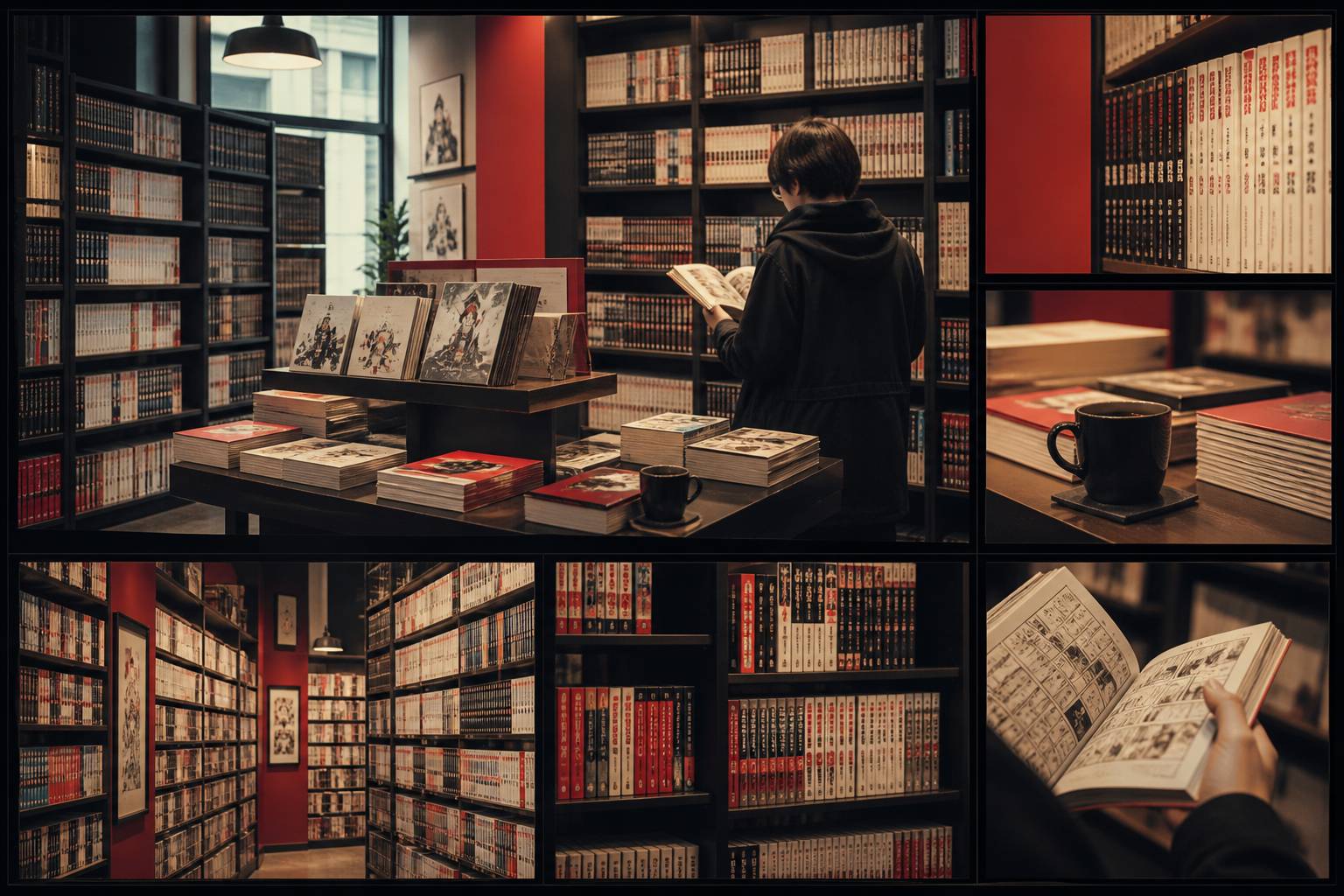 Étagères de mangas dans une librairie avec un lecteur feuilletant un volume