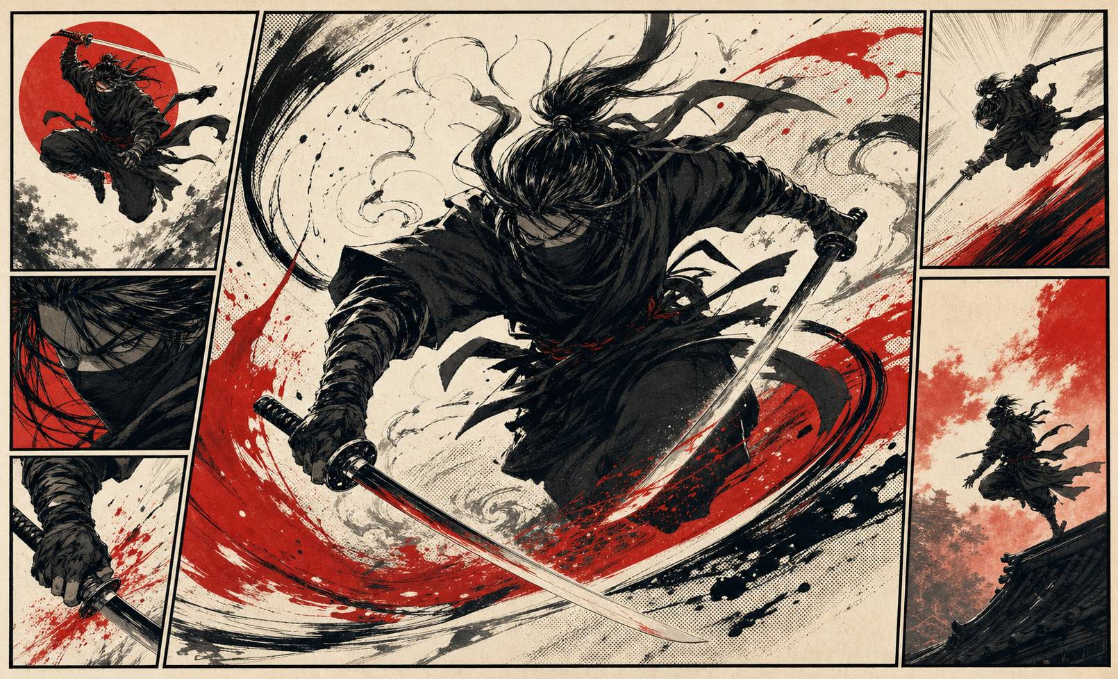 Illustration façon manga d'un guerrier ninja en mouvement avec deux sabres et volutes d'encre