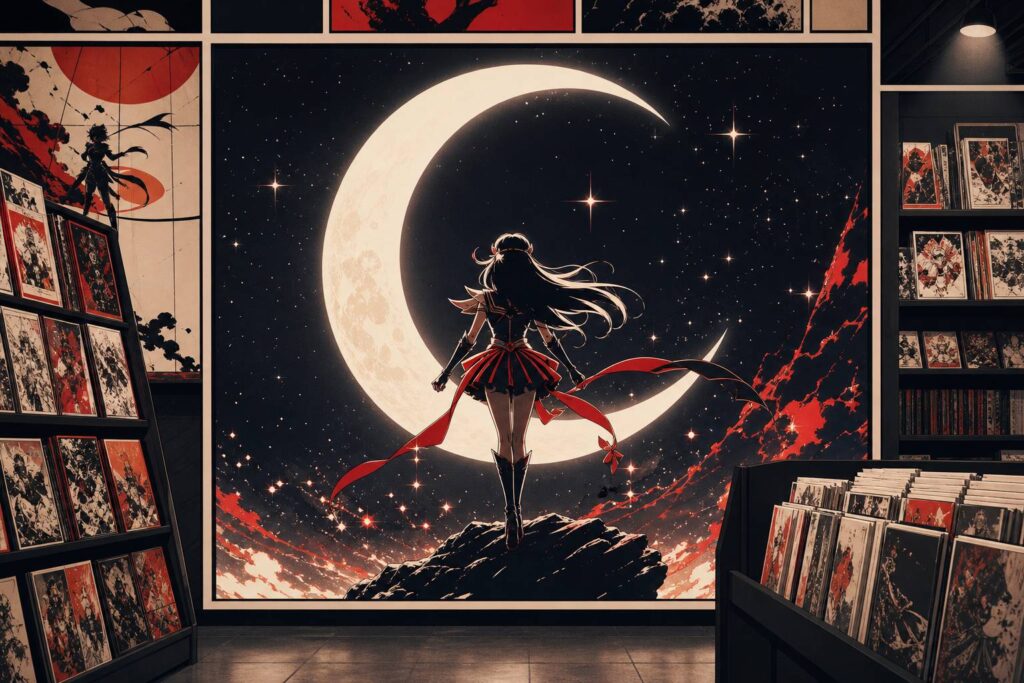 Silhouette de guerrière magique devant un croissant de lune