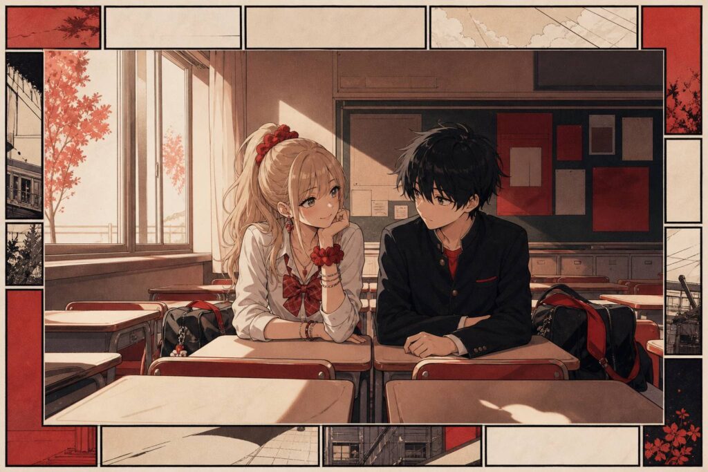 Illustration animé générique d'une fille gyaru et d'un garçon dans une classe