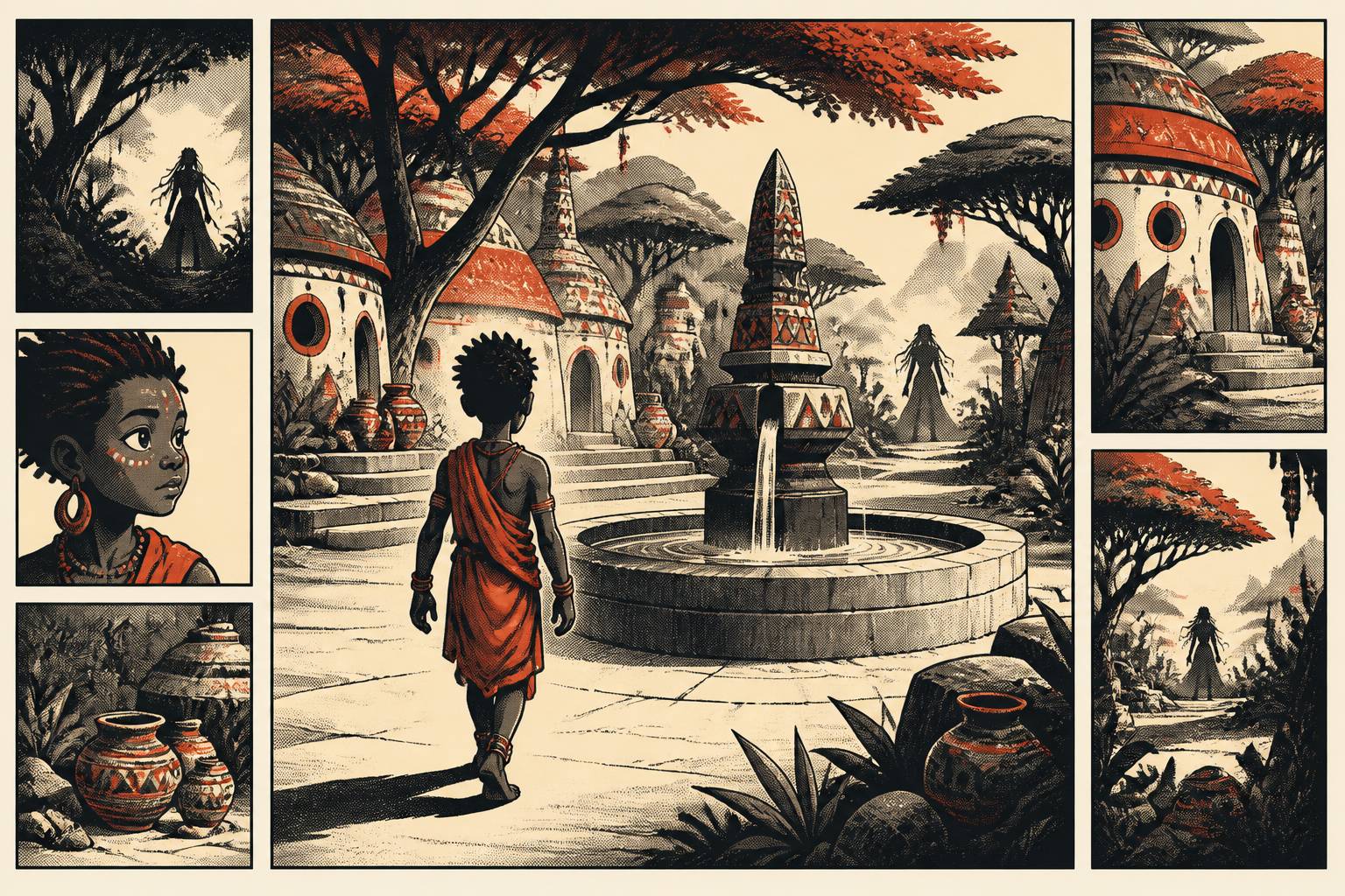 Scena di fiaba con fonte d'acqua e sagoma di strega in stile fumetto d'autore