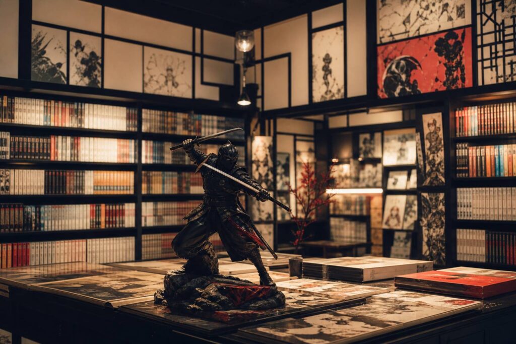 Librairie de mangas chaleureuse avec étagères colorées et statuette de guerrier ninja aux sabres