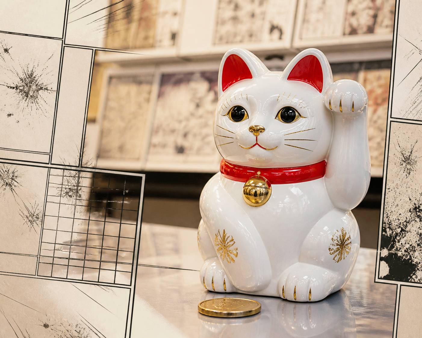 Gros plan sur un maneki neko en céramique à la patte levée posé près d'albums anciens