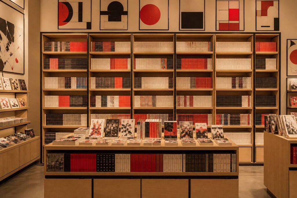 Volumi di manga allineati su una libreria di fumetteria