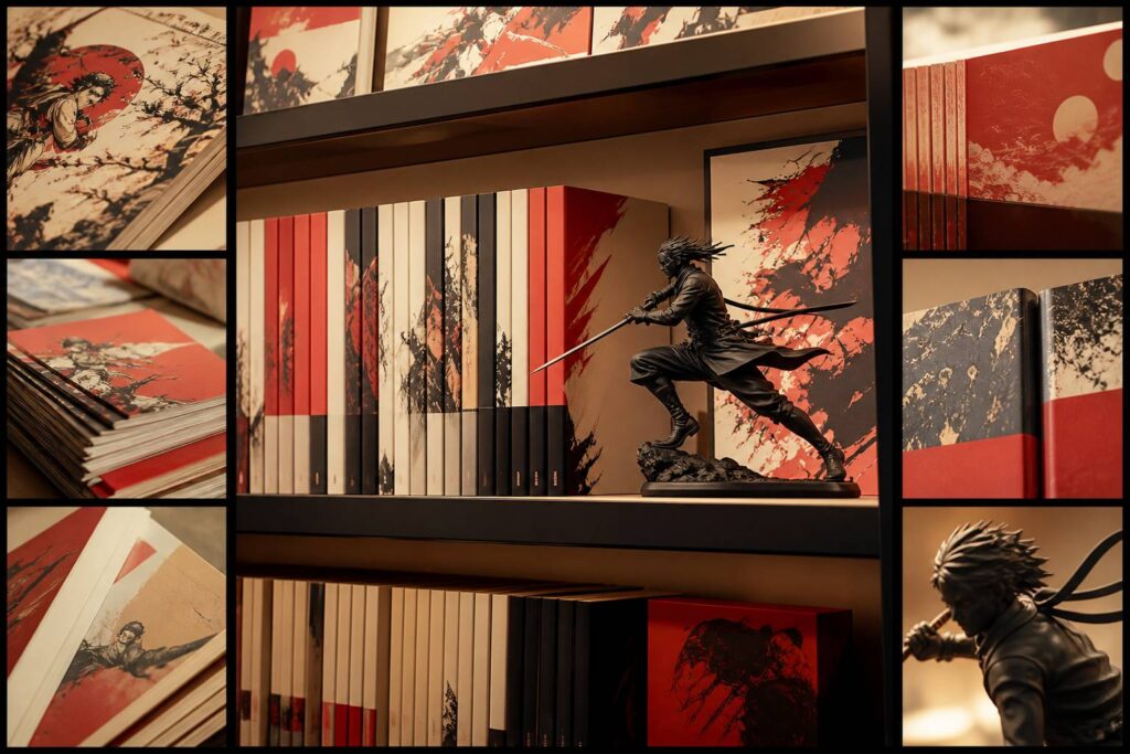 Étagère de fumetteria avec volumes de mangas alignés et figurine de collection