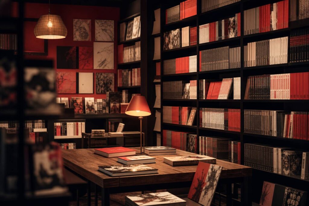 Libri manga in libreria con volumi su tavolo di legno