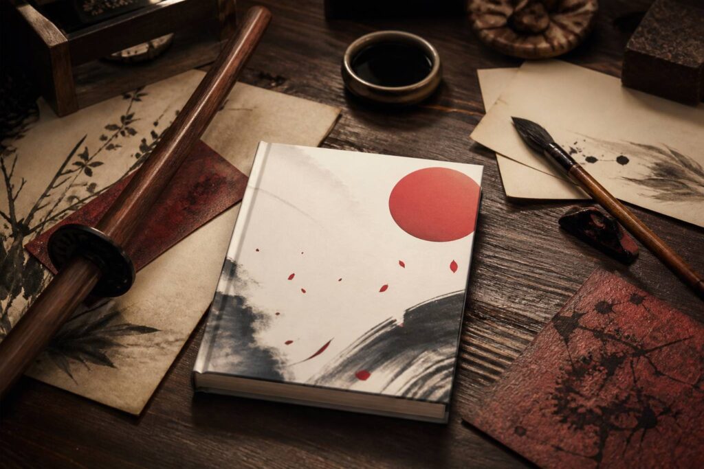 Manga générique posé sur une table avec sabre en bois et encre
