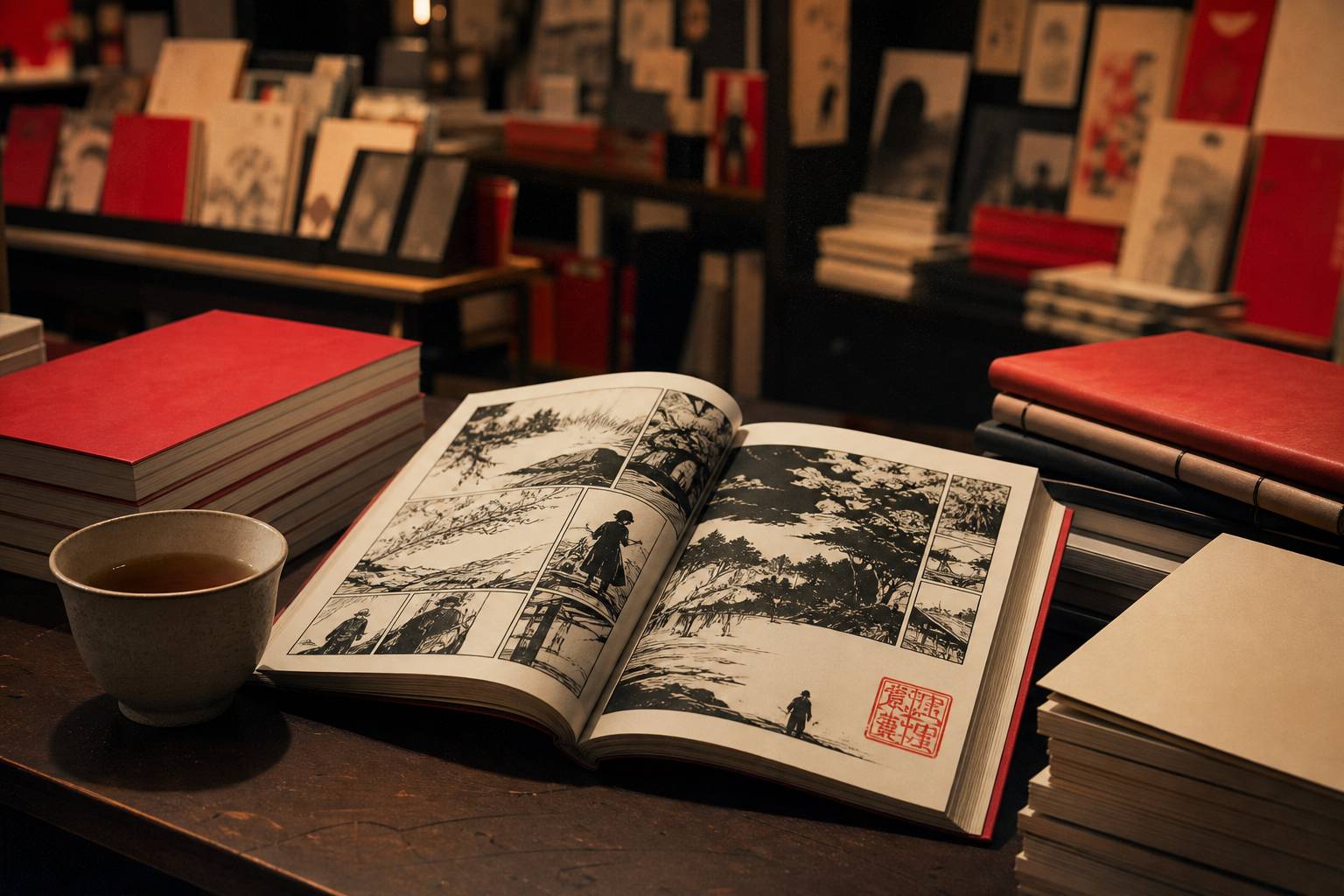 Manga ouvert aux planches en noir et blanc avec un sceau rouge