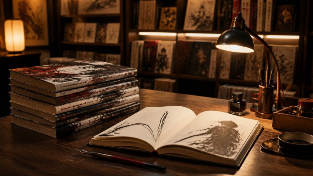 Pile de mangas aux couvertures sombres avec un carnet de croquis