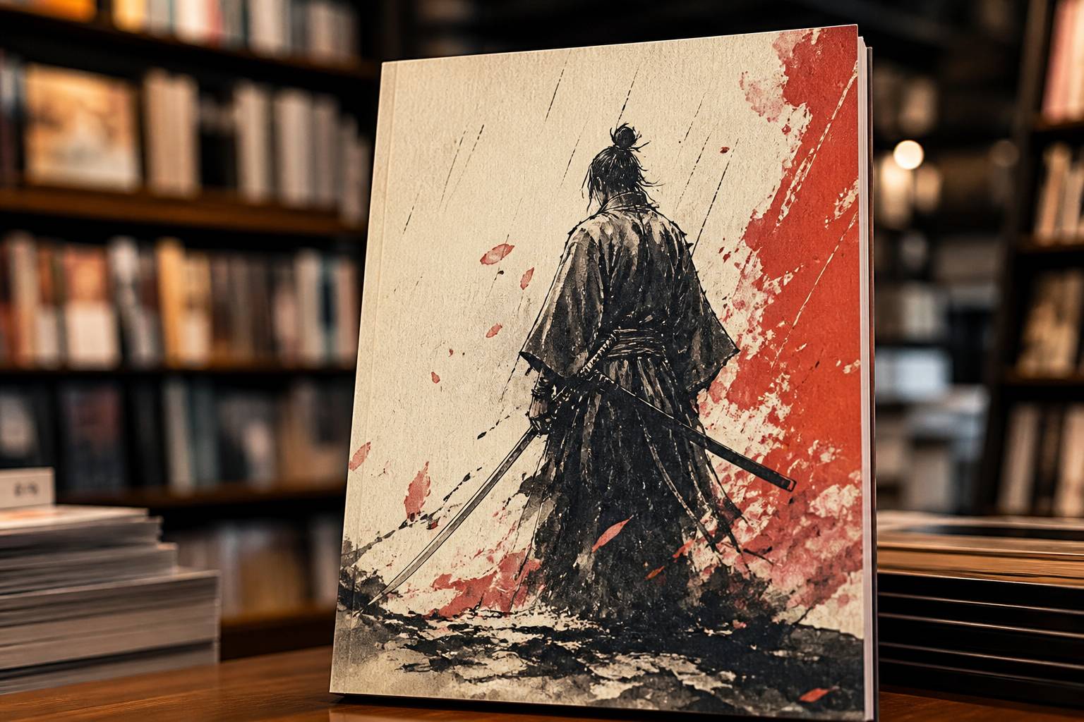 Couverture de manga générique illustrée d'un samouraï de dos