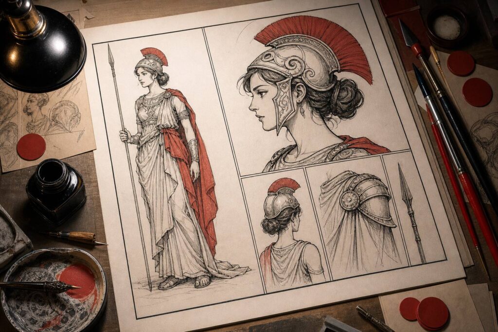 Planche BD avec croquis d'avatar romain et encrier