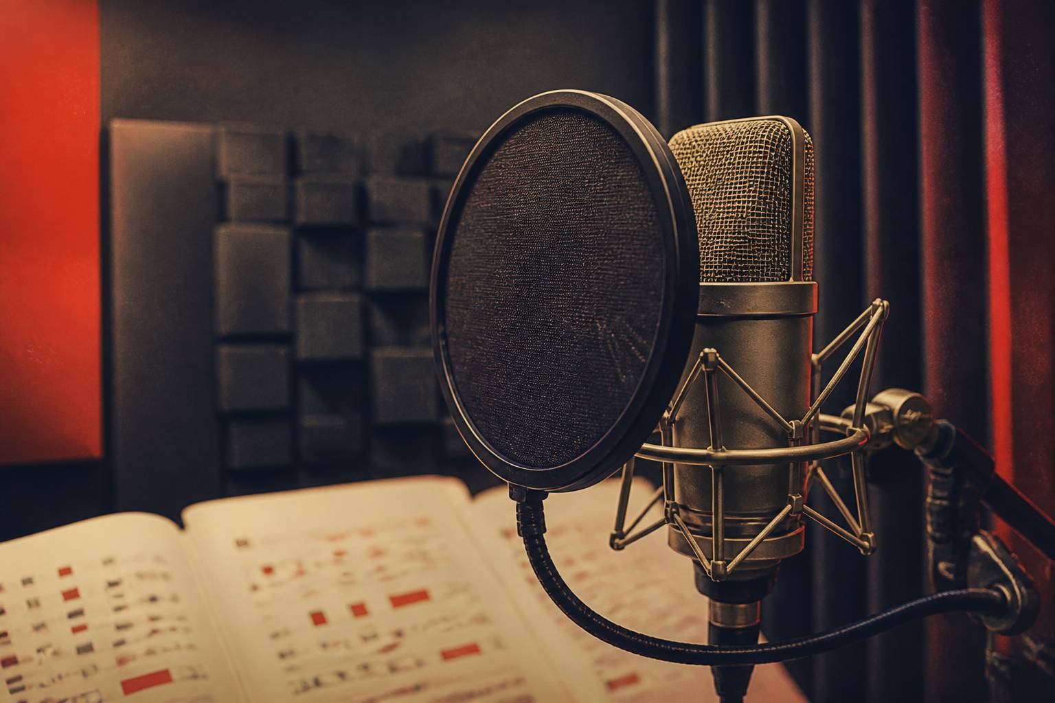 Gros plan sur un micro de studio avec filtre anti-pop et panneaux acoustiques sombres