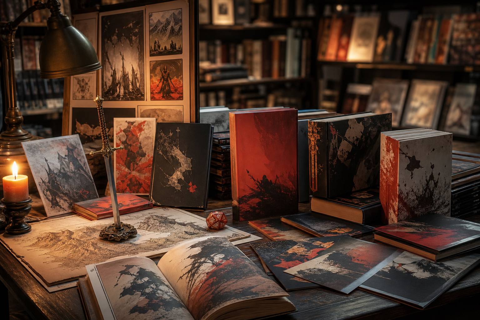 Table de fumetteria avec volumes sans titre, épée miniature et carte