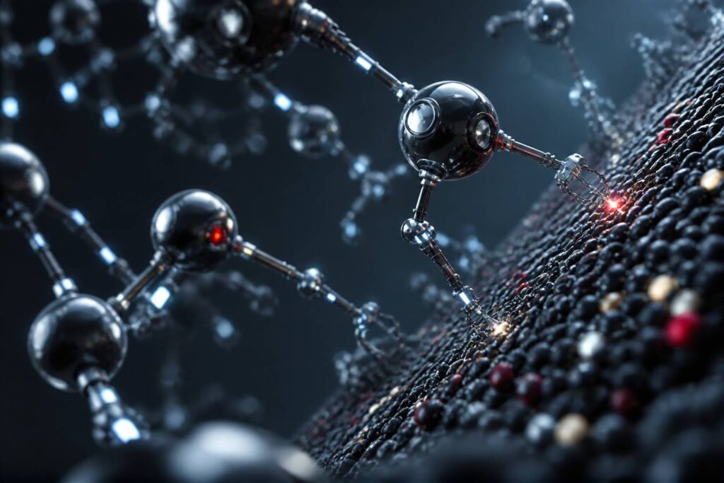 Visualisation artistique de nanomachines à l'échelle moléculaire avec des sphères lumineuses