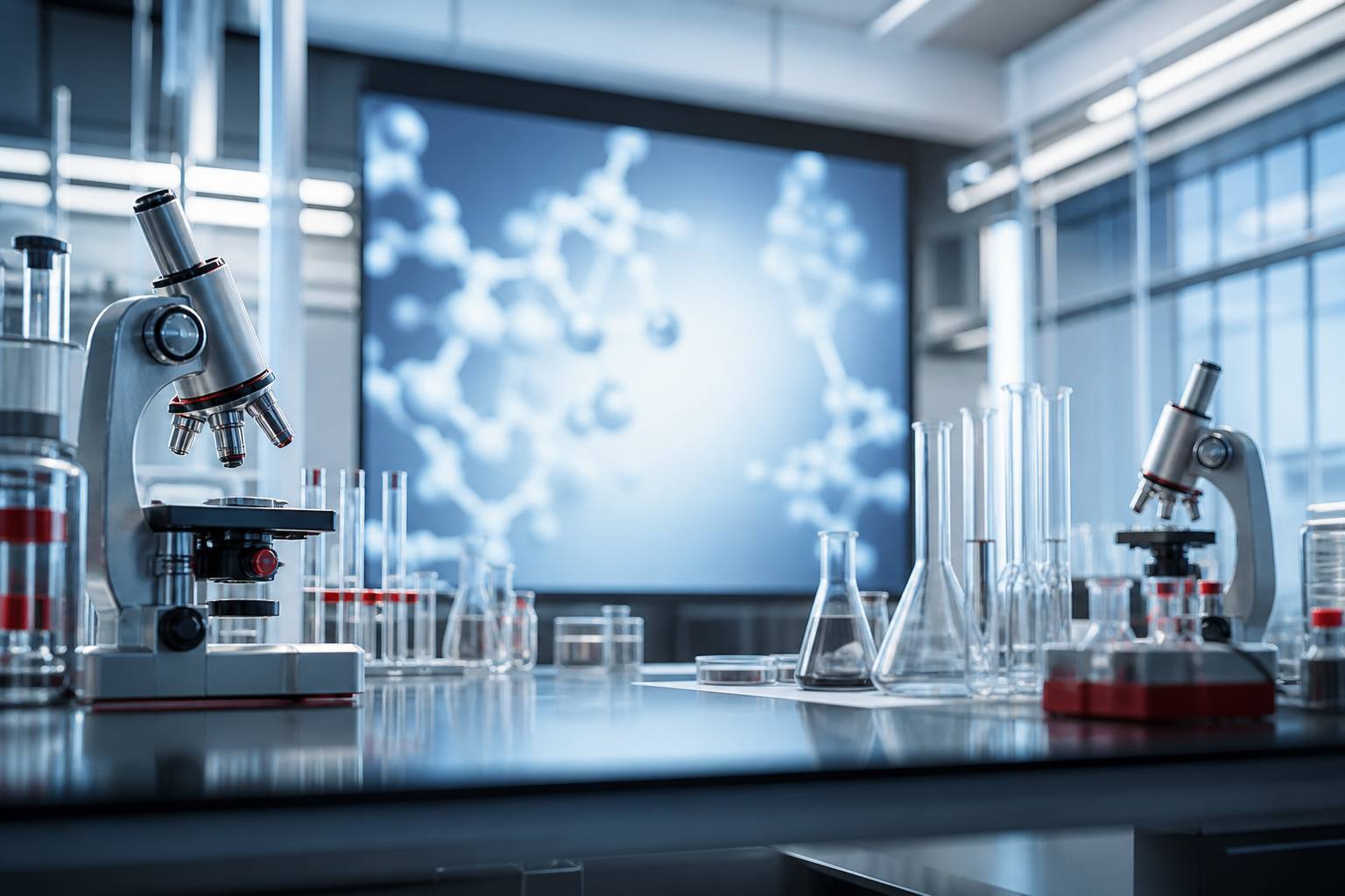 Laboratoire scientifique avec un écran affichant une structure moléculaire floue