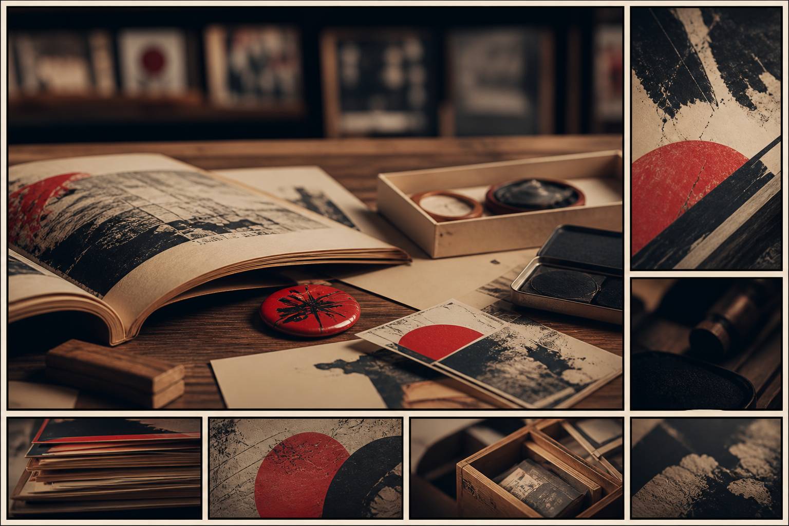 Objets vintage japonais avec magazine jauni et tampon rouge