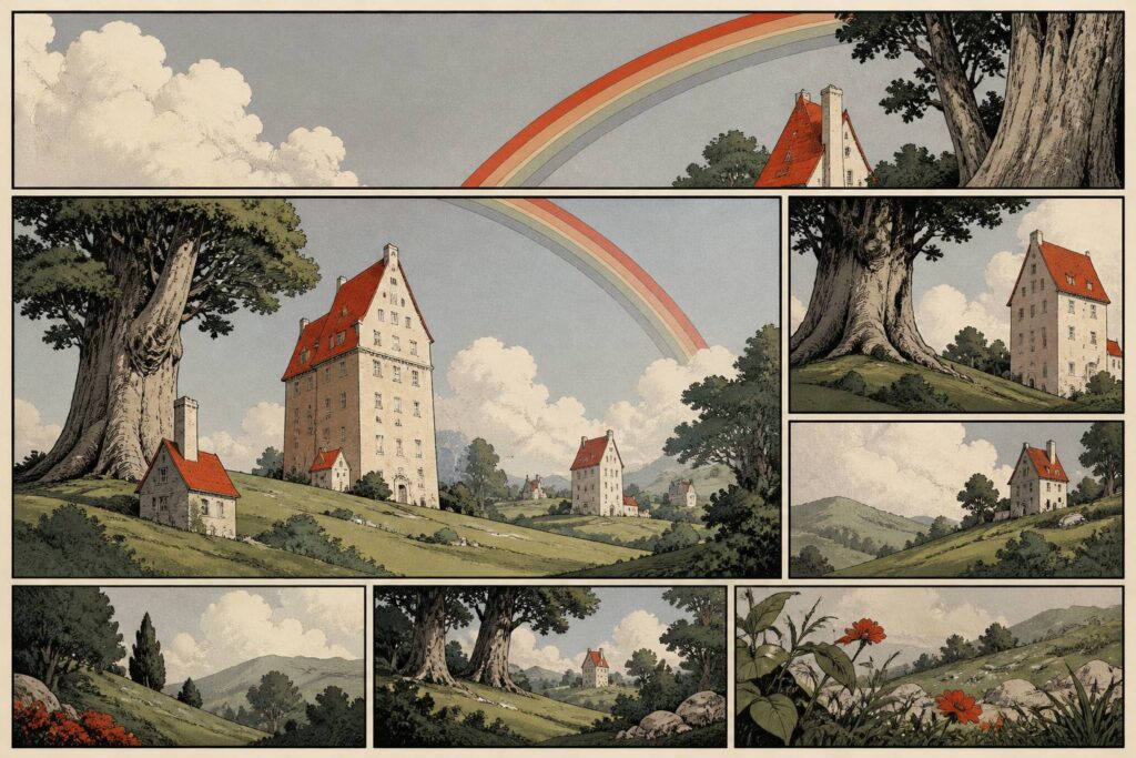 Paysage de terre de géants avec des maisons démesurées et un arc-en-ciel