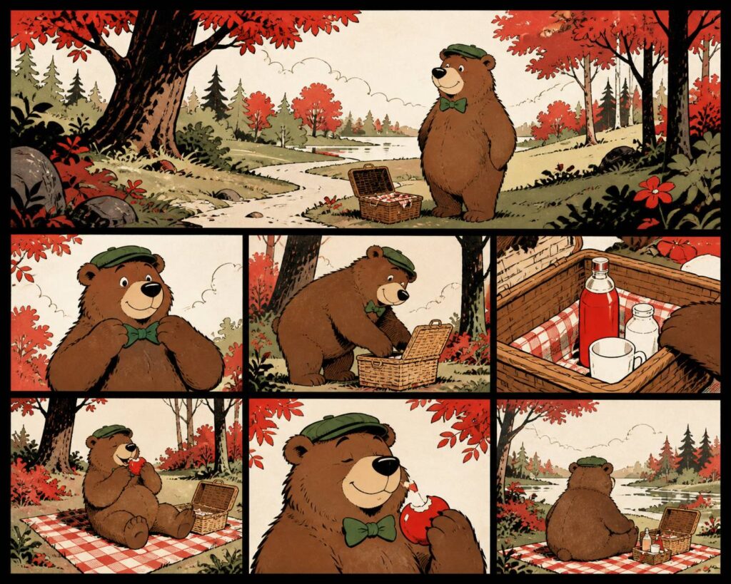 Ours de dessin animé au nœud papillon vert près d'un panier de pique-nique