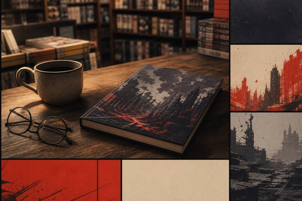 Manga à la couverture sombre représentant une ville en ruines sur une table