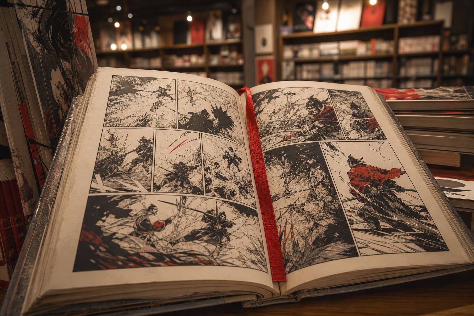 Pagina di manga aperta con vignette dinamiche a inchiostro