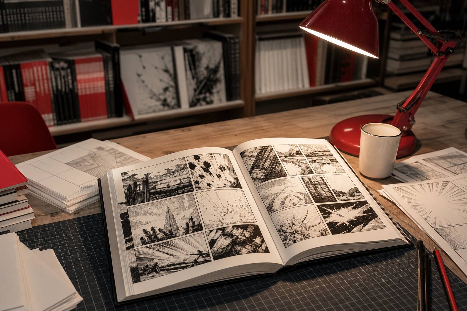 Primo piano di una tavola manga disegnata a inchiostro nero