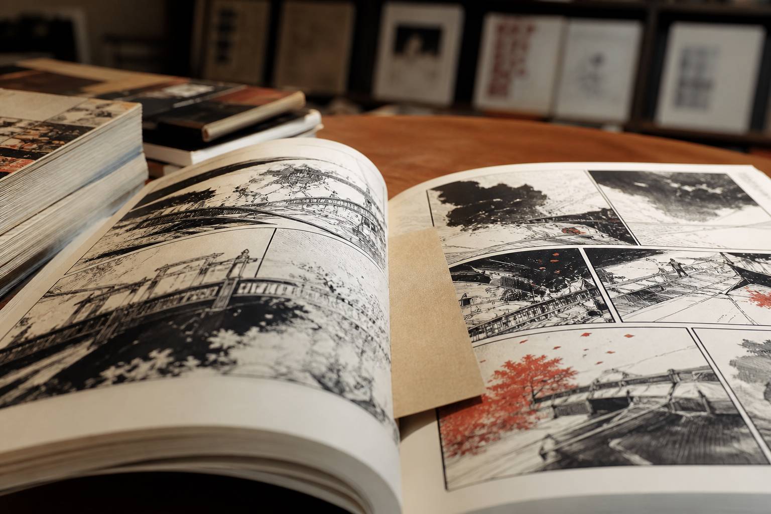 Pages de manga ouvertes aux cases dessinées à l'encre avec un marque-page en papier