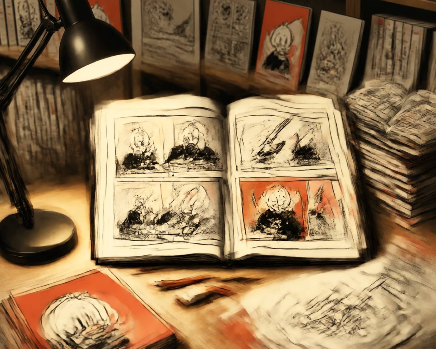 Planche de bande dessinée ouverte avec un canard anthropomorphe
