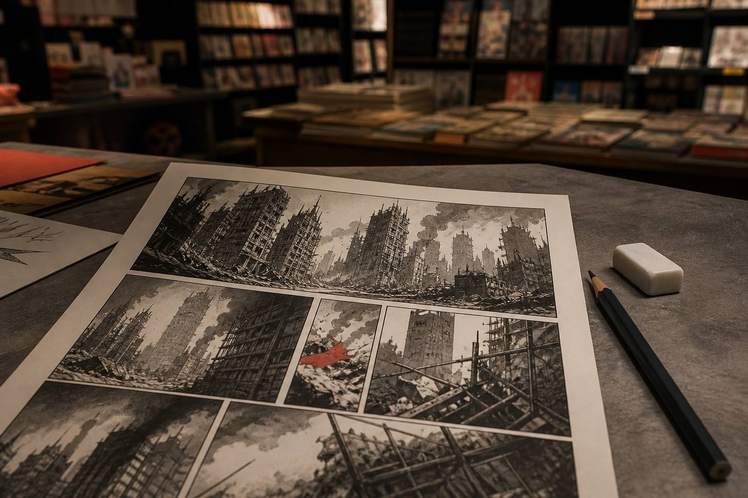 Planche de bande dessinée encre représentant une métropole dévastée