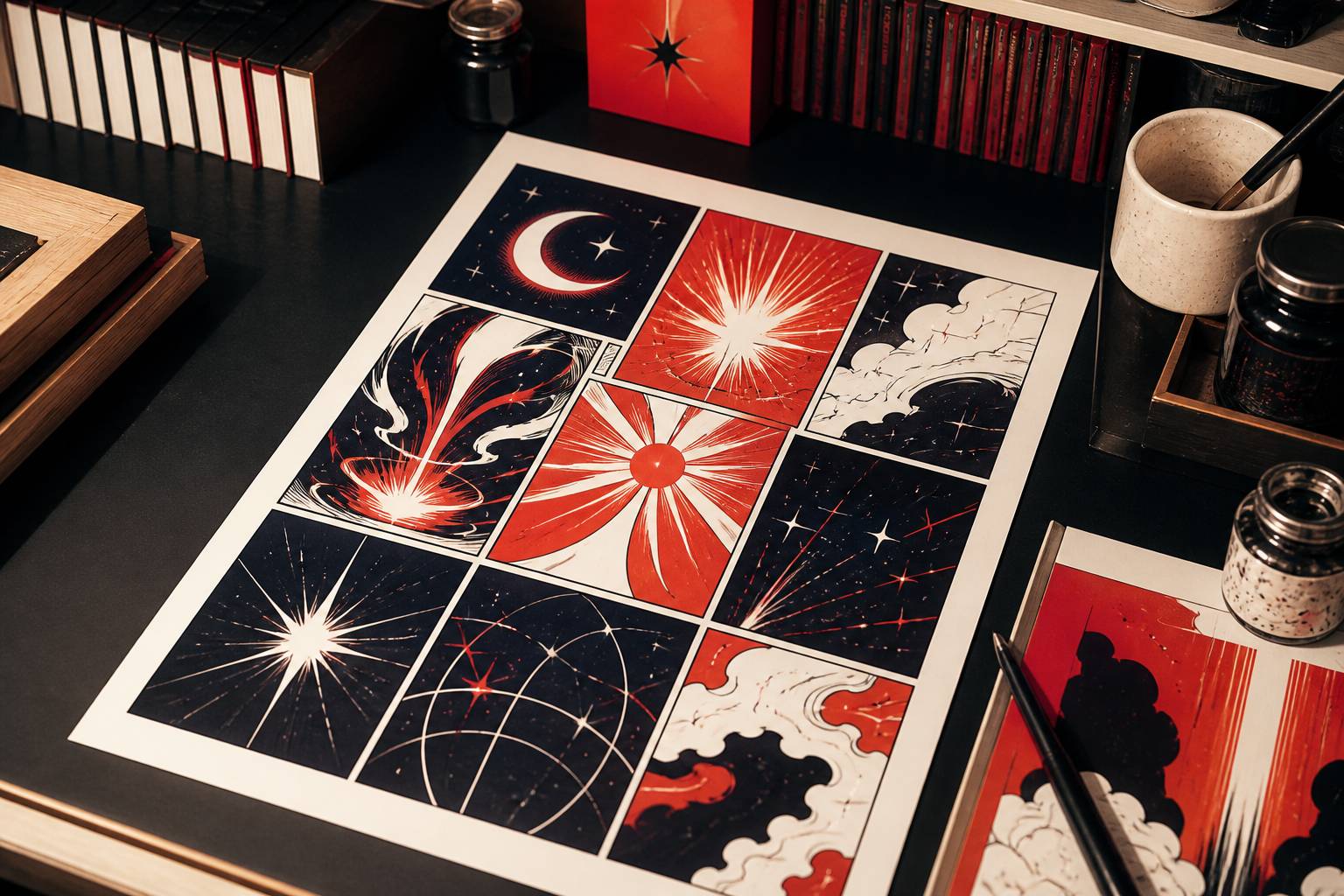 Planche de bande dessinée avec lune, étoiles et scintillements