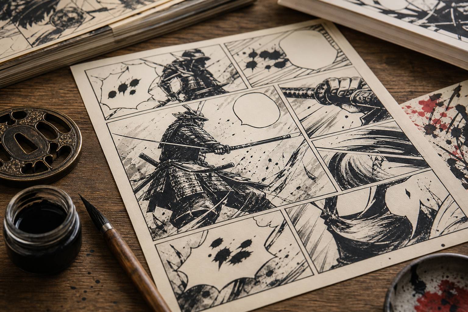 Planche de bande dessinée en noir et blanc avec guerrier samouraï générique, pinceau et encrier