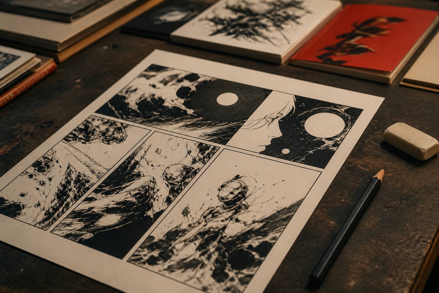 Planche de bande dessinée à l'encre posée sur une table
